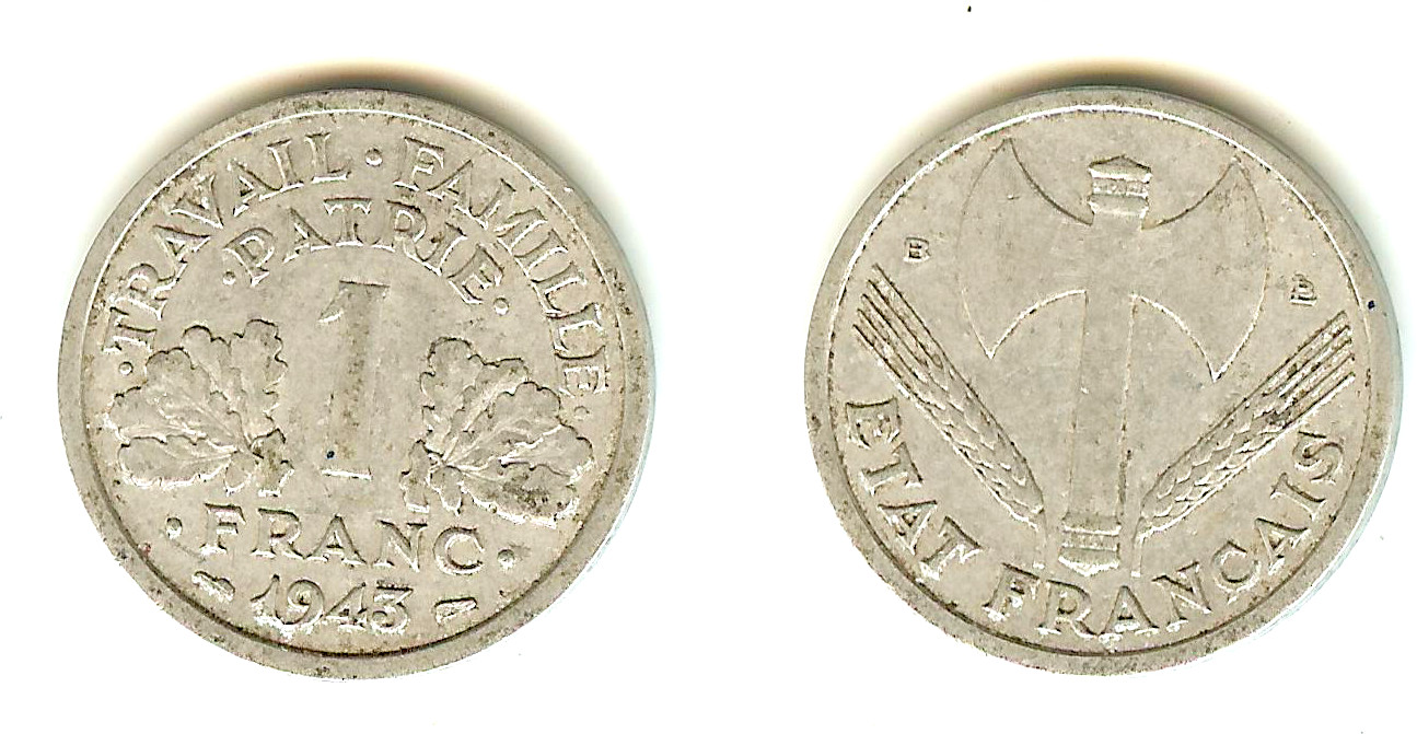 1 franc Francisque, légère 1943 Beaumont-Le-Roger TB à TB+